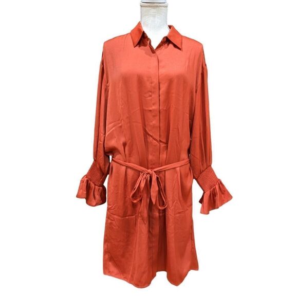 Maje Shirt dress with smocks in Terracotta with lace Size L NWT - Picture 6 of 15